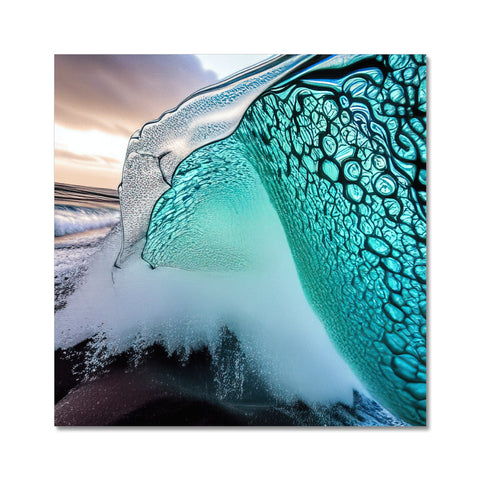 A wave riding a blue wave in the ocean on a wooden board.