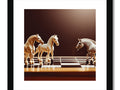 Three or four horses are playing with a chessboard in the desert.
