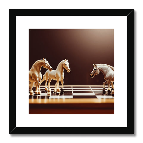 Three or four horses are playing with a chessboard in the desert.