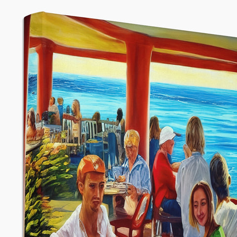 A table decorated with a picture of a restaurant next to other picnic tables.