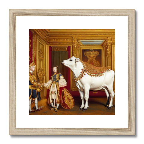 A cow sitting on top of a white horse next to a man holding a bull.