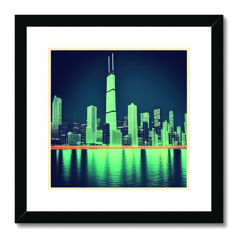 Art print of the skyline in an empty cityscape with colorful buildings and lots of people