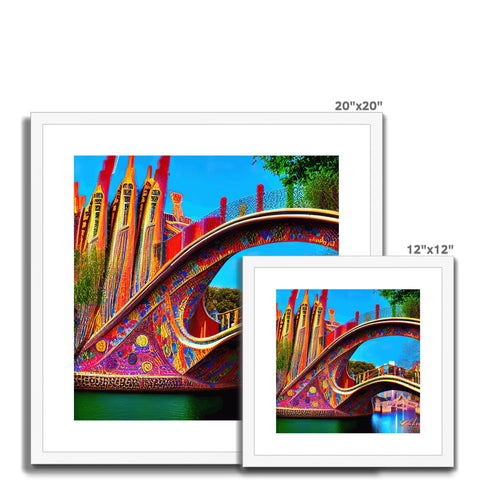 A large colorful picture on a white card card set holding two bridges.