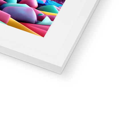 The colorfully framed book is on paper topped with an art photo on a white wall