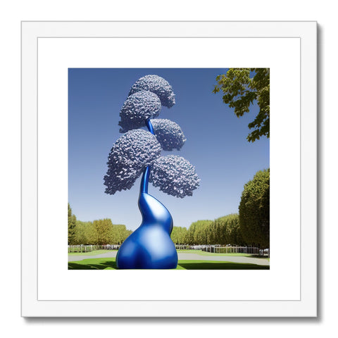 Art work set in topiary that has a blue blue sky, green sky, and