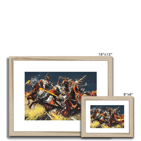 A black background art prints on a frame with white horse riders on top.