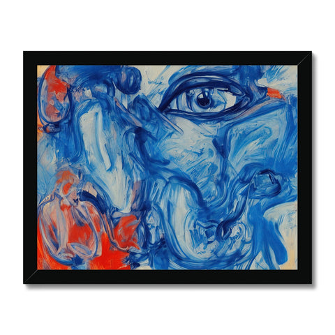 A woman behind a blue art print with a red nose and mouth.