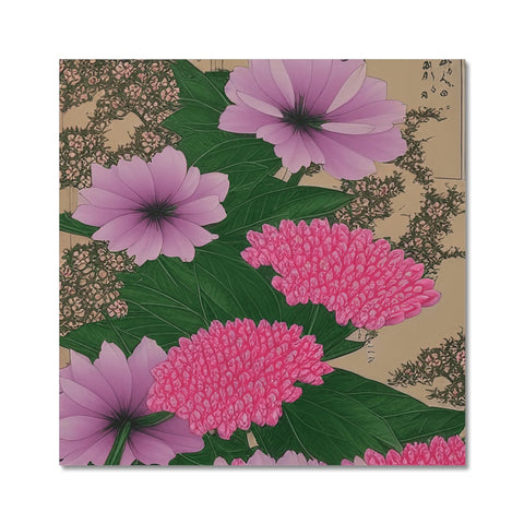 This floral art print sits on a tile surface covered in white and pink flowers.