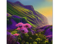 Art print of a sky with flowers on top of it, surrounded by mountains.