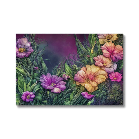 An art print with purple flowers on a silver background of white table decorations.