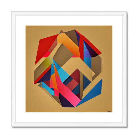 A framed gold art print with silver with colored shapes folded on a white sheet.