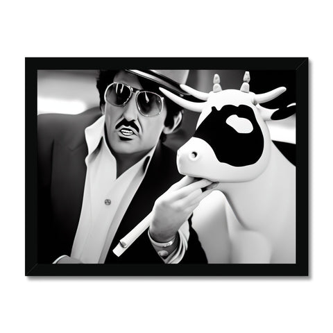 A black and white picture of a cow with his face turned down with a cow bell