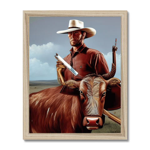 a person looking at a photo of a cowboy posing with cows.