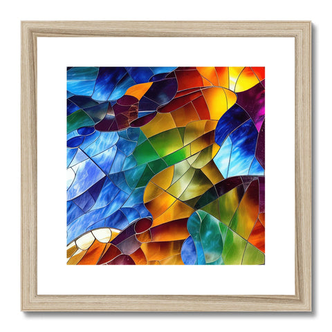 A colorful tattered art print sitting on a stained glass table on a living room floor
