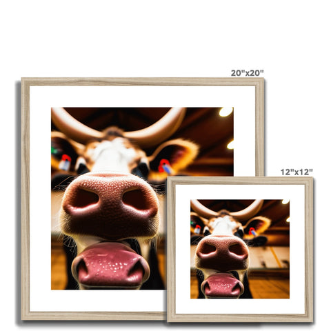 a frame mounted animal holding a close up photo of bull in a wooden frame with a