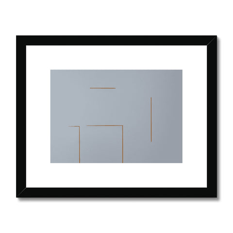 An abstract picture with a yellow frame framed on a wall.