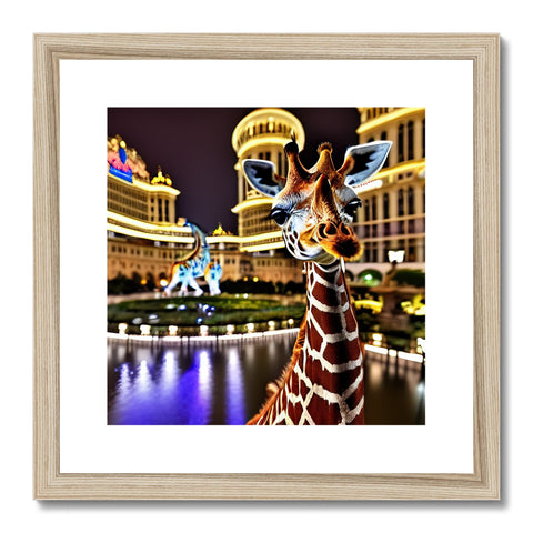 an ant forrode and a giraffe near a picture of a hotel building