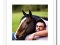 A man on top of a horse riding a horse back in front of a picture.
