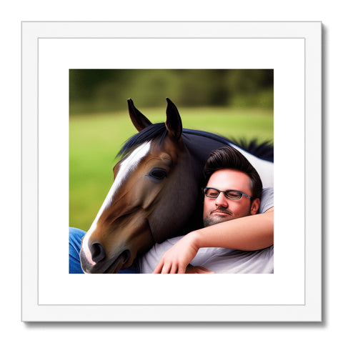 A man on top of a horse riding a horse back in front of a picture.