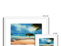 three different photos of a tropical beach and beach decorations on a white frame.
