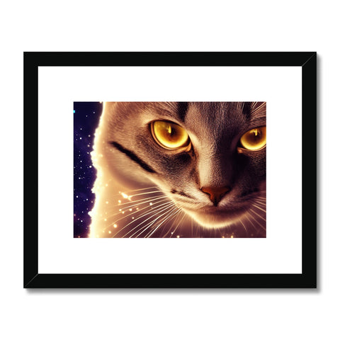 A cat sitting on a black background in the corner of a white and gold frame of