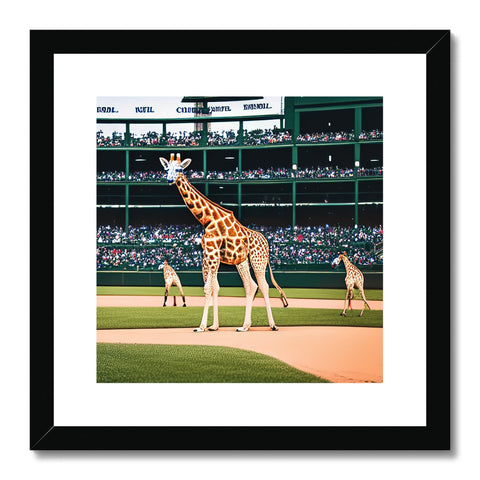 A giraffe standing on the back side of a green green field holding some animals by