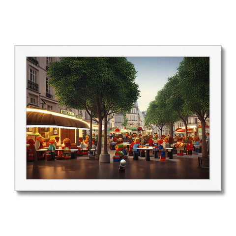 A picture of a square and a place on a street with people eating food and drinking