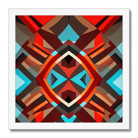 A tile art print with a geometric pattern that is layered and displayed on the table top
