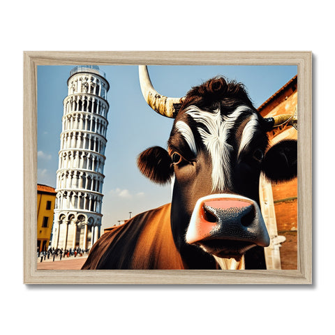 A wooden framed picture of a holstein cow standing in front of buildings.