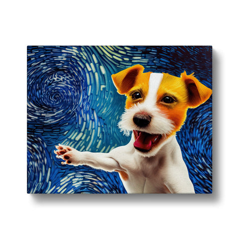 A white dog is panting in front of an art print.