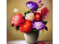 A flower vase has colorful flowers and a framed paper print.