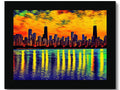 a colorful print board that features skyline and skyscrapers of Chicago