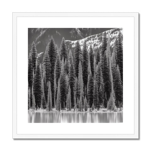 Black and white art print of pine trees and snow on a forest top.