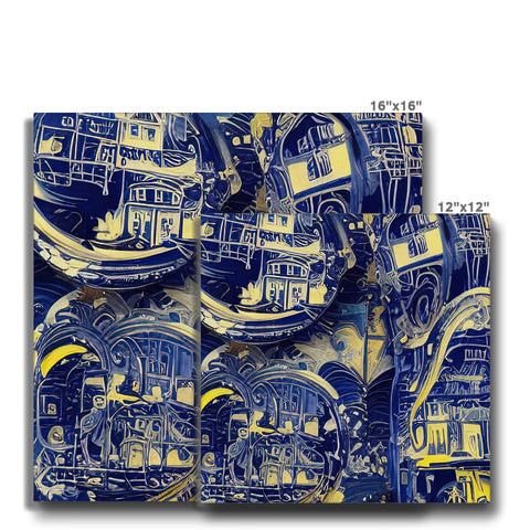 A blue and yellow striped bedspread that is covered in artwork.