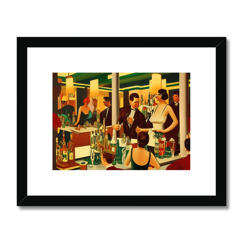 A picture of a couple of people in a dining room with an art print.