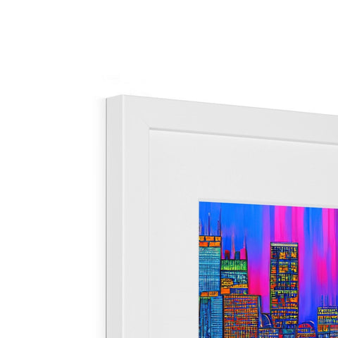 A picture of the city skyline in a framed picture frame on