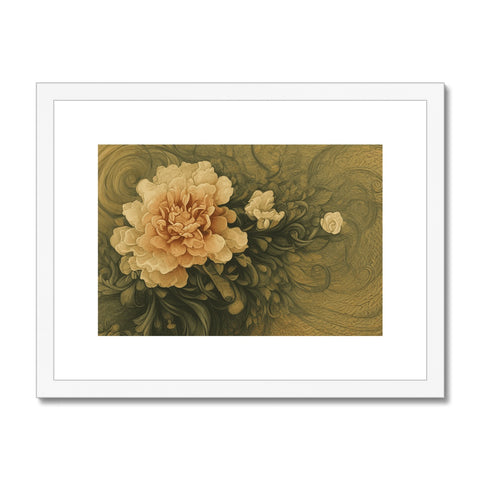 A green and gold framed art print featuring an  image of a flower.
