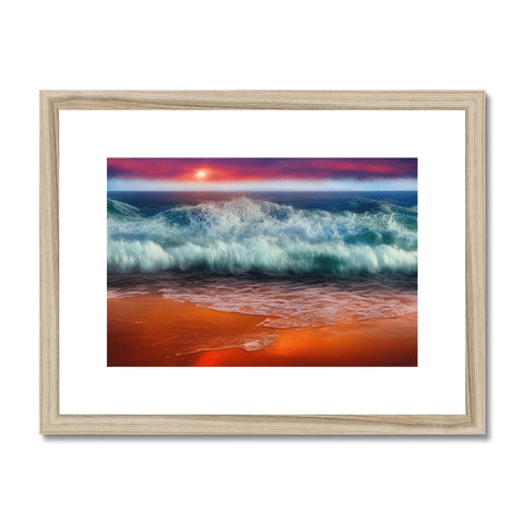 A picture of a beach at sunset framed in wood