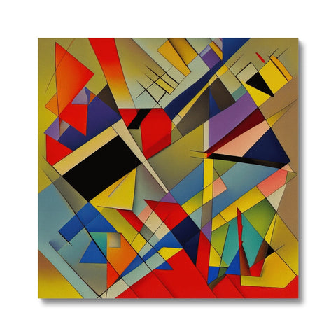 A large piece of art on an easel covered in square shapes and colored blocks of