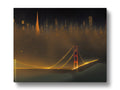 The golden gate of the San Francisco city skyline with an art print of gold and blue