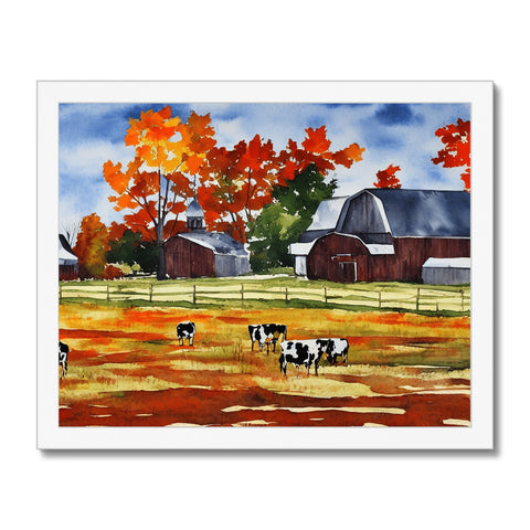 A picture of cows in a country scene next to trees that have trees in the foreground