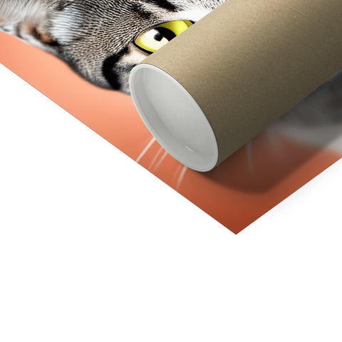 A cat leaning its head over a table beside a roll of wrapping paper that has been