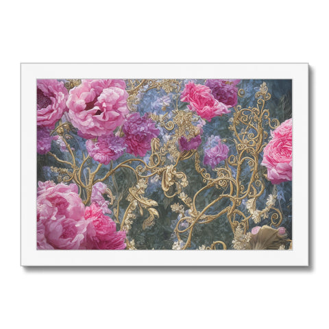 A floral framed art print that is with a white border.