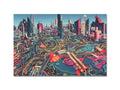 A place mat with a print image of a city skyline next to a mouse pad.