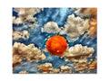 Art print of an orange sunset by the ocean on a sky with blue sky backdrop