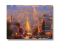 an art print of a city skyline looking past buildings and street light.