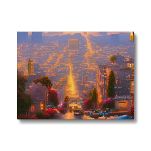 an art print of a city skyline looking past buildings and street light.