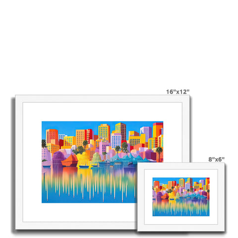 The cityscape on an art print is a colorful scene with a bunch of different colors