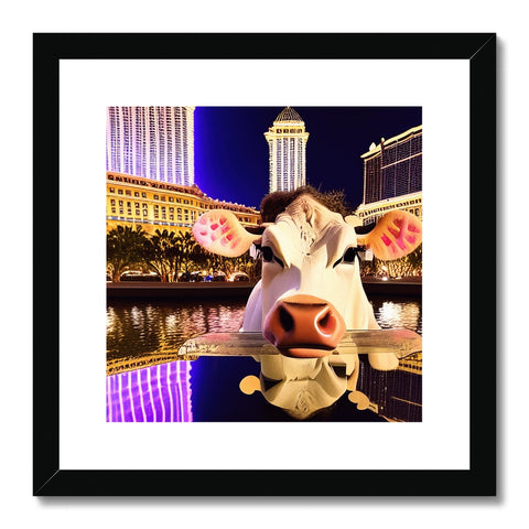 A large white framed picture of a cow standing in a plaza in Las Vegas