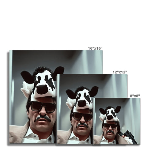 A man driving a picture frame covered with close up of a cow and a cow,